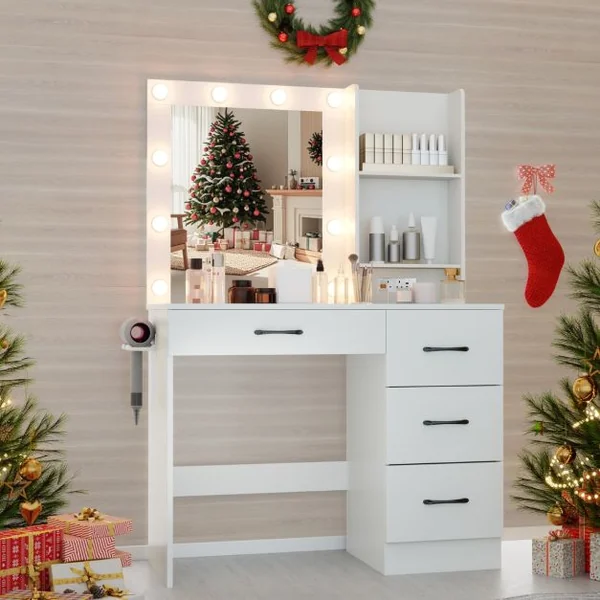 Table de Maquillage avec Miroir et Lumières Coiffeuse avec Station de Charge Lumières LED 3 Couleurs Porte-Sèche-Cheveux Blanc