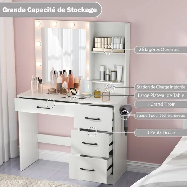 Table de Maquillage avec Miroir et Lumières Coiffeuse avec Station de Charge Lumières LED 3 Couleurs Porte-Sèche-Cheveux Blanc