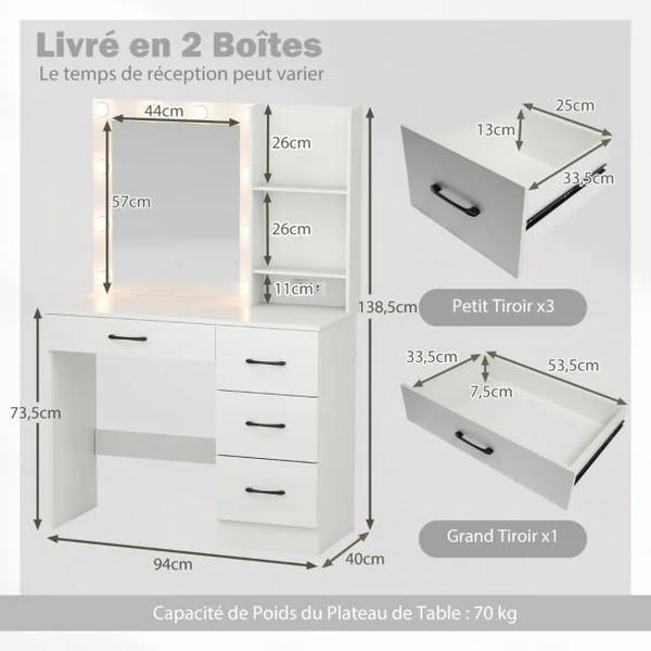 Table de Maquillage avec Miroir et Lumières Coiffeuse avec Station de Charge Lumières LED 3 Couleurs Porte-Sèche-Cheveux Blanc