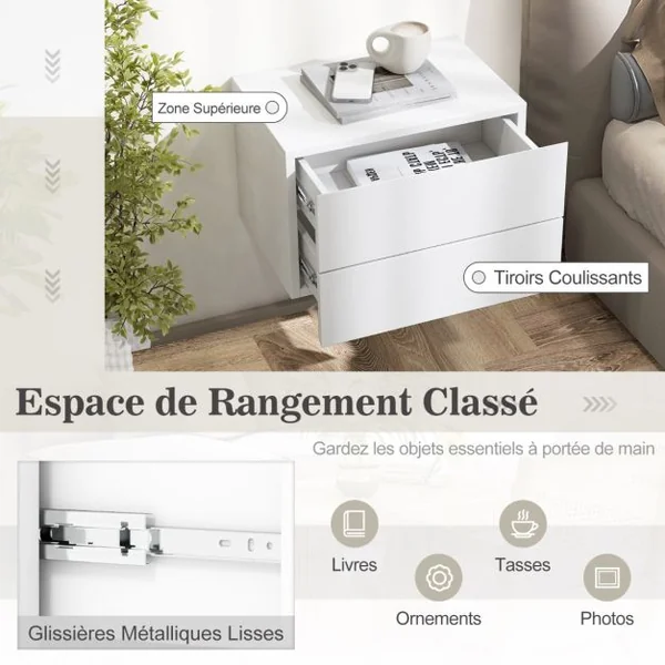Table de Nuit Flottante avec Tiroirs Table de Chevet Murale avec Rangement Étagère de Chambre Flottante Moderne Gris/Blanc