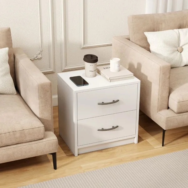 Table de Nuit à 2 Tiroirs avec Rangement Petite Table de Nuit de Sol Table d'Appoint en Bois Chêne/Blanc