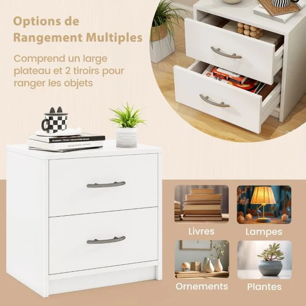 Table de Nuit à 2 Tiroirs avec Rangement Petite Table de Nuit de Sol Table d'Appoint en Bois Chêne/Blanc
