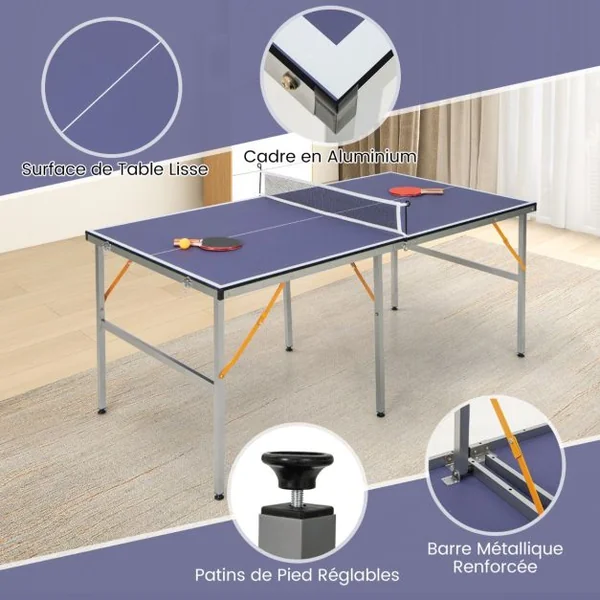 Table de Ping-Pong Pliable Peu Encombrante avec Filet Tennis de Table avec 2 Raquettes 3 Balle Pieds Réglables 180 x 90 x 76 cm