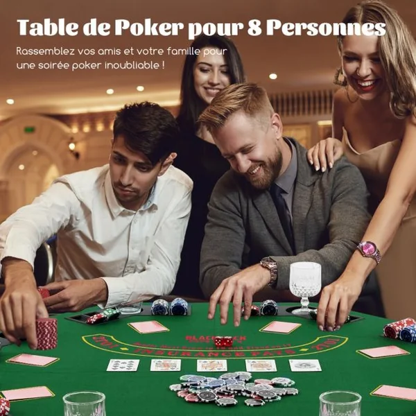 Table de Poker Pliant 120CM pour 8 Joueurs Plateau de Jeu Portable Texas Hold'em avec Sac de Transport Porte-Gobelets Plateaux à Jetons Vert