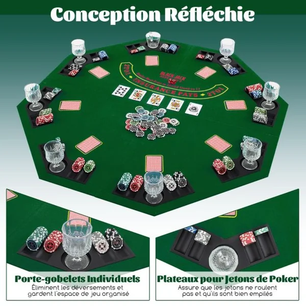 Table de Poker Pliant 120CM pour 8 Joueurs Plateau de Jeu Portable Texas Hold'em avec Sac de Transport Porte-Gobelets Plateaux à Jetons Vert