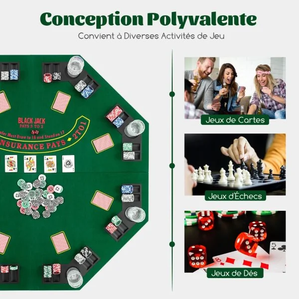Table de Poker Pliant 120CM pour 8 Joueurs Plateau de Jeu Portable Texas Hold'em avec Sac de Transport Porte-Gobelets Plateaux à Jetons Vert