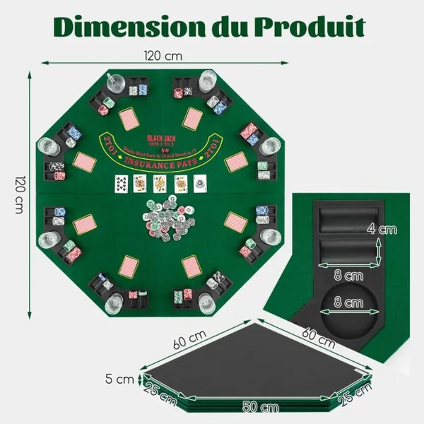Table de Poker Pliant 120CM pour 8 Joueurs Plateau de Jeu Portable Texas Hold'em avec Sac de Transport Porte-Gobelets Plateaux à Jetons Vert