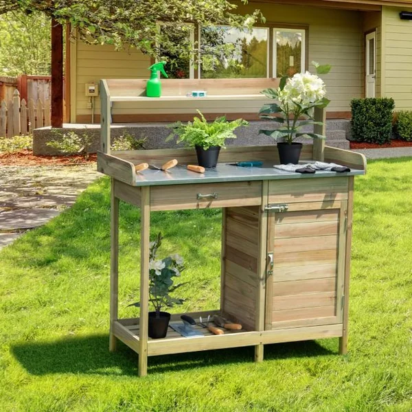 Table de Rempotage en Bois de Sapin avec Tiroir Table de Jardinage avec Etagère Ouverte 3 Crochets et Table Ouvrable 112 x 45 Charge 50 kg