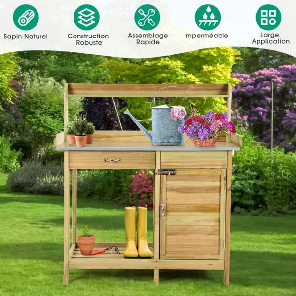 Table de Rempotage en Bois de Sapin avec Tiroir Table de Jardinage avec Etagère Ouverte 3 Crochets et Table Ouvrable 112 x 45 Charge 50 kg