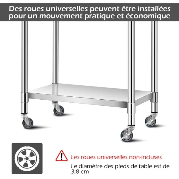 Table de Travail Cuisine 61 x 91,5 cm en Acier Inoxydable à 2 Niveaux Plateau Inférieure Réglable Charge 250 kg Argent