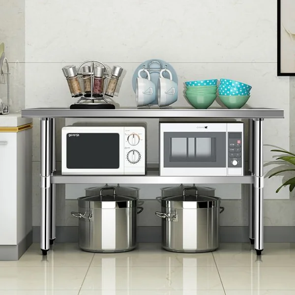 Table de Travail Cuisine en Acier Inoxydable Plan de Travail Cuisine à 2 Niveaux Étagère Inférieur Réglable 122 x 61 x 90cm Argent