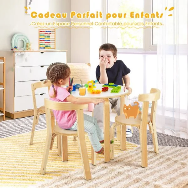 Table d'Enfant Ronde avec 4 Chaises Bois de Peuplier et Bois de Bouleau - Style Scandinave pour Enfants 4 Ans + Coloré/Naturel