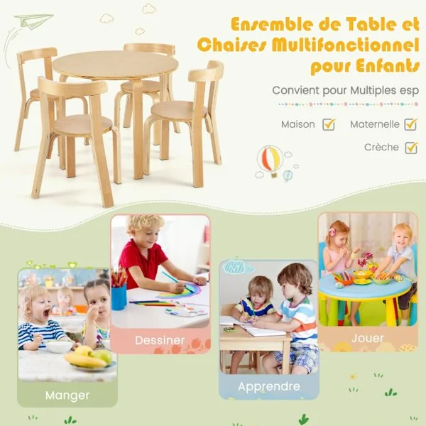 Table d'Enfant Ronde avec 4 Chaises Bois de Peuplier et Bois de Bouleau - Style Scandinave pour Enfants 4 Ans + Coloré/Naturel