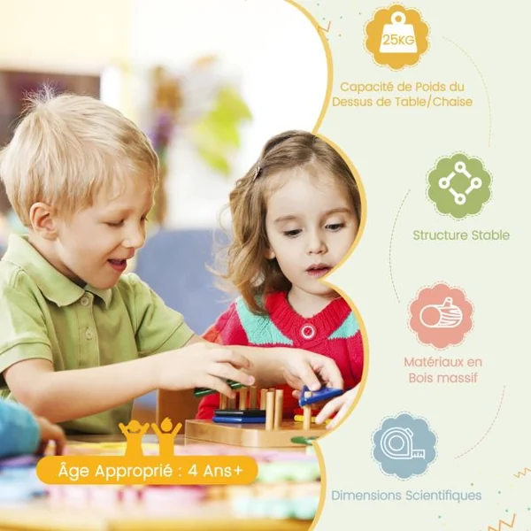 Table d'Enfant Ronde avec 4 Chaises Bois de Peuplier et Bois de Bouleau - Style Scandinave pour Enfants 4 Ans + Coloré/Naturel