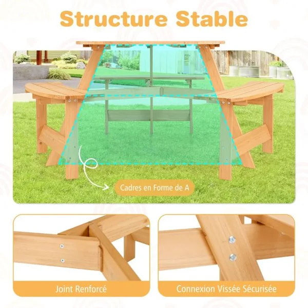 Table et Banc en Bois pour Enfants Ensemble de Table de Pique-nique et Bancs pour Activité et Repas avec Trou pour Parasol Naturel