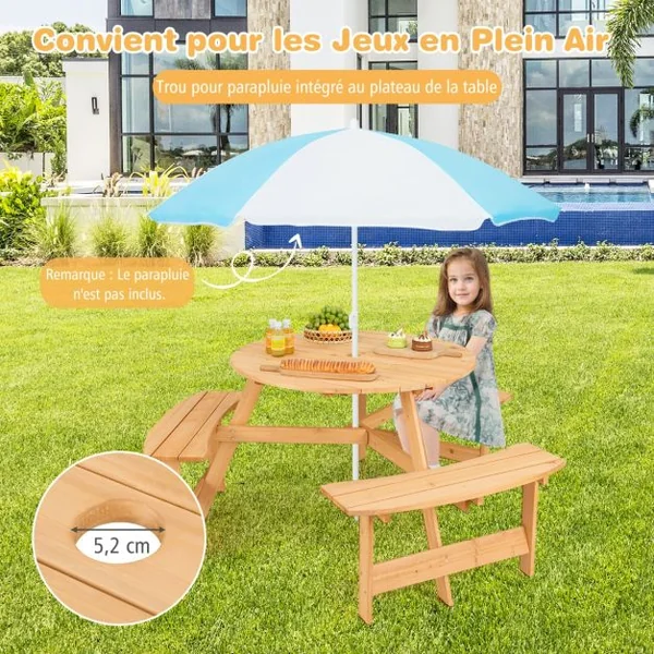Table et Banc en Bois pour Enfants Ensemble de Table de Pique-nique et Bancs pour Activité et Repas avec Trou pour Parasol Naturel