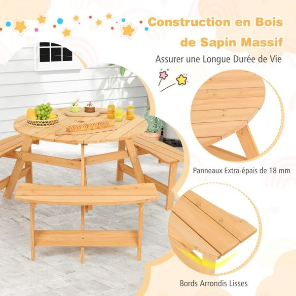 Table et Banc en Bois pour Enfants Ensemble de Table de Pique-nique et Bancs pour Activité et Repas avec Trou pour Parasol Naturel