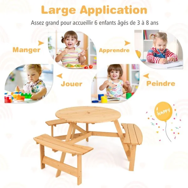 Table et Banc en Bois pour Enfants Ensemble de Table de Pique-nique et Bancs pour Activité et Repas avec Trou pour Parasol Naturel