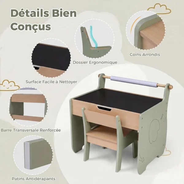 Table et Chaise pour Enfants Bureau d'Activités en Bois pour Tout-petits Plateau Amovible 2 en 1 Rangement Porte-rouleau de Papier Vert