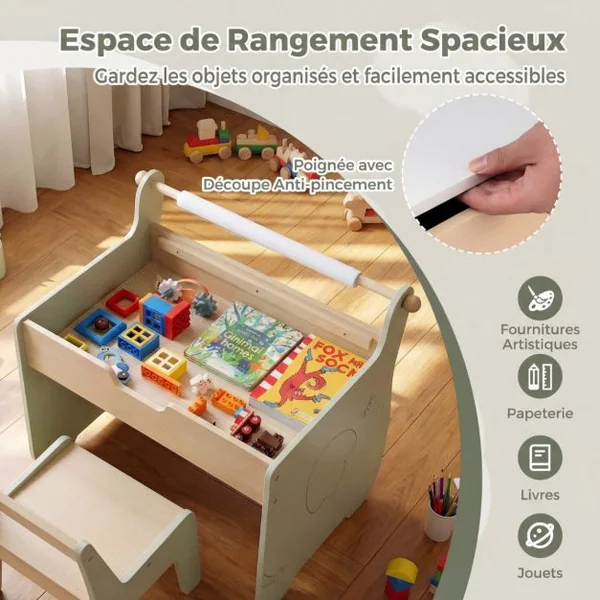 Table et Chaise pour Enfants Bureau d'Activités en Bois pour Tout-petits Plateau Amovible 2 en 1 Rangement Porte-rouleau de Papier Vert