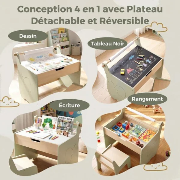 Table et Chaise pour Enfants Bureau d'Activités en Bois pour Tout-petits Plateau Amovible 2 en 1 Rangement Porte-rouleau de Papier Vert