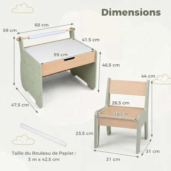 Table et Chaise pour Enfants Bureau d'Activités en Bois pour Tout-petits Plateau Amovible 2 en 1 Rangement Porte-rouleau de Papier Vert