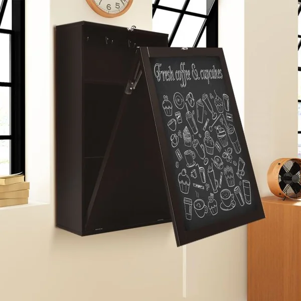 Table Murale Rabattable Bureau Mural avec Tableau Noir Etagères Intégrées Secrétaire Mural en Mdf 75x15,8x60cm Marron