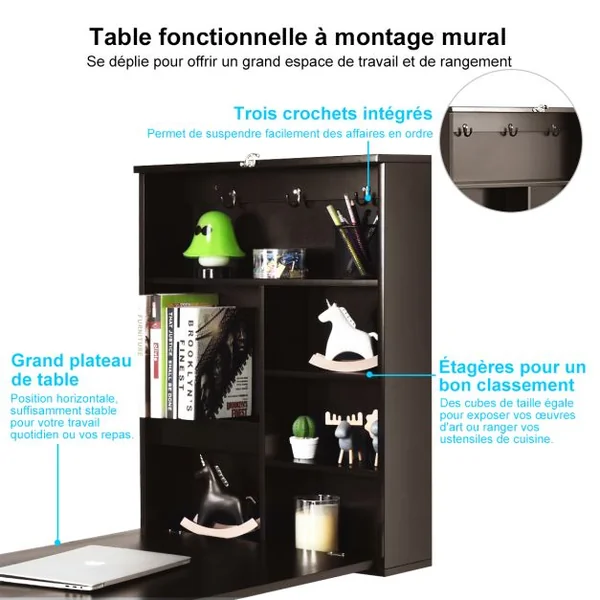 Table Murale Rabattable Bureau Mural avec Tableau Noir Etagères Intégrées Secrétaire Mural en Mdf 75x15,8x60cm Marron