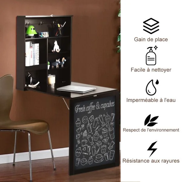 Table Murale Rabattable Bureau Mural avec Tableau Noir Etagères Intégrées Secrétaire Mural en Mdf 75x15,8x60cm Marron