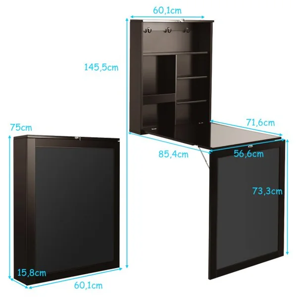 Table Murale Rabattable Bureau Mural avec Tableau Noir Etagères Intégrées Secrétaire Mural en Mdf 75x15,8x60cm Marron
