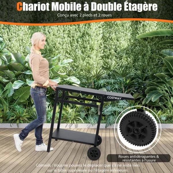 Table Roulante Chariot à Double Étagère avec Table Pliante 4 Crochets Supplémentaires et 2 Roues Directionnelles Chariot de Préparation Noir