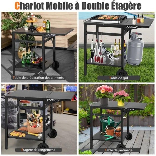 Table Roulante Chariot à Double Étagère avec Table Pliante 4 Crochets Supplémentaires et 2 Roues Directionnelles Chariot de Préparation Noir