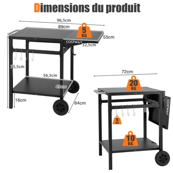 Table Roulante Chariot à Double Étagère avec Table Pliante 4 Crochets Supplémentaires et 2 Roues Directionnelles Chariot de Préparation Noir