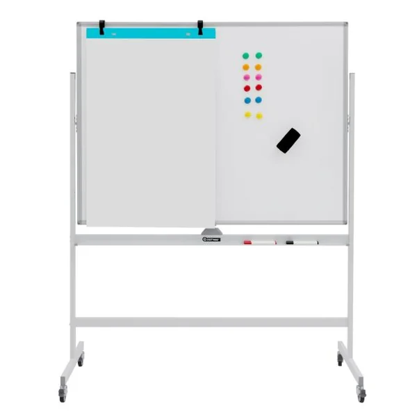 Tableau Blanc Magnétique Double Face sur Pied Réversible à 360° 120 x 90 CM avec Roulettes et Structure en Aluminium Blanc/Noir/Vert