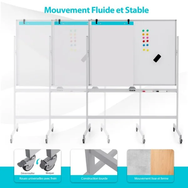Tableau Blanc Magnétique Double Face sur Pied Réversible à 360° 120 x 90 CM avec Roulettes et Structure en Aluminium Blanc/Noir/Vert