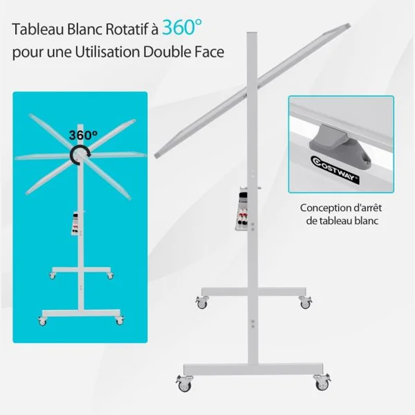 Tableau Blanc Magnétique Double Face sur Pied Réversible à 360° 120 x 90 CM avec Roulettes et Structure en Aluminium Blanc/Noir/Vert