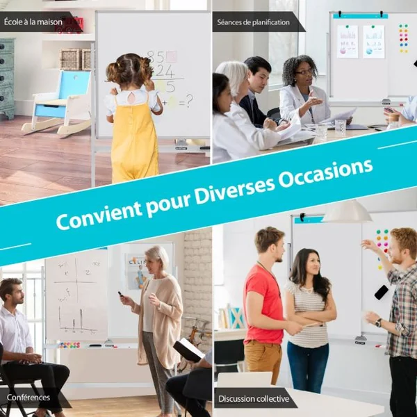 Tableau Blanc Magnétique Double Face sur Pied Réversible à 360° 120 x 90 CM avec Roulettes et Structure en Aluminium Blanc/Noir/Vert