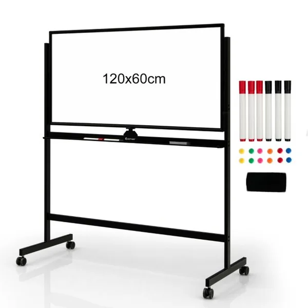 Tableau Blanc Mobile Magnétique Double Face avec 6 Marqueurs 12 Aimants et 1 Gomme pour Bureau Blanc/Noir