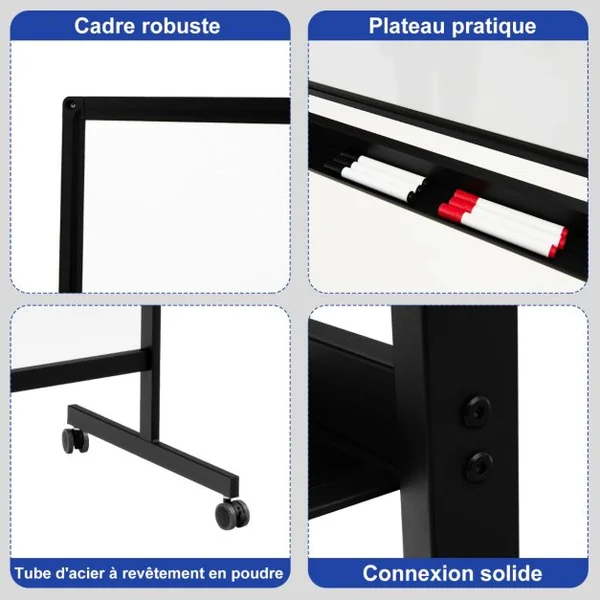 Tableau Blanc Mobile Magnétique Double Face avec 6 Marqueurs 12 Aimants et 1 Gomme pour Bureau Blanc/Noir