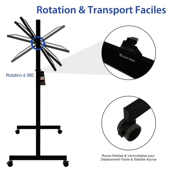 Tableau Blanc Mobile Magnétique Double Face avec 6 Marqueurs 12 Aimants et 1 Gomme pour Bureau Blanc/Noir