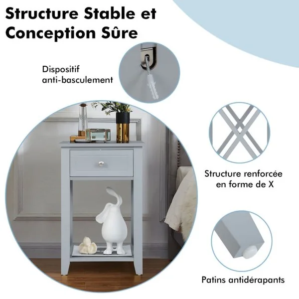 Table/Lot de 2 Table de Chevet avec Tiroir et Étagère Ouverte Table de Nuit 40 x 30 x 61,5 cm Table d'Appoint pour Salon Chambre Bureau Blanc