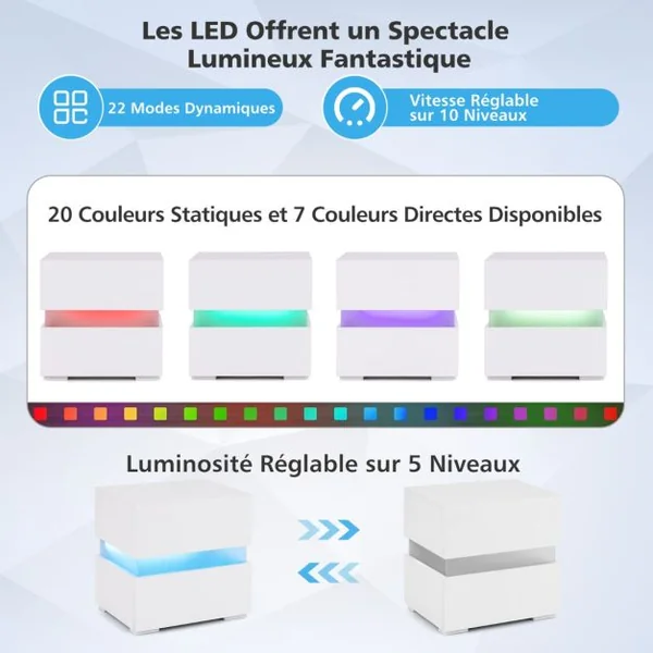 Table/Lot de 2 Tables de Chevet LED 2 Tiroir Table de Nuit Lumineuse Télécommandée 22 Modes 5 Luminosités 10 Vitesses Panneaux Acryliques 45x35x45cm Blanc/Noir