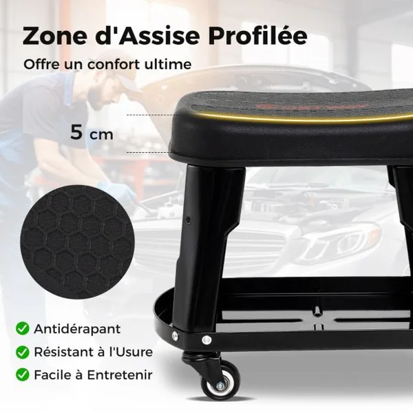 Tabouret d'Atelier Roulant avec Rangement Siège de Mécanicien Amovible avec Plateau d'Equipement Porte-outils Charge 136 kg Noir
