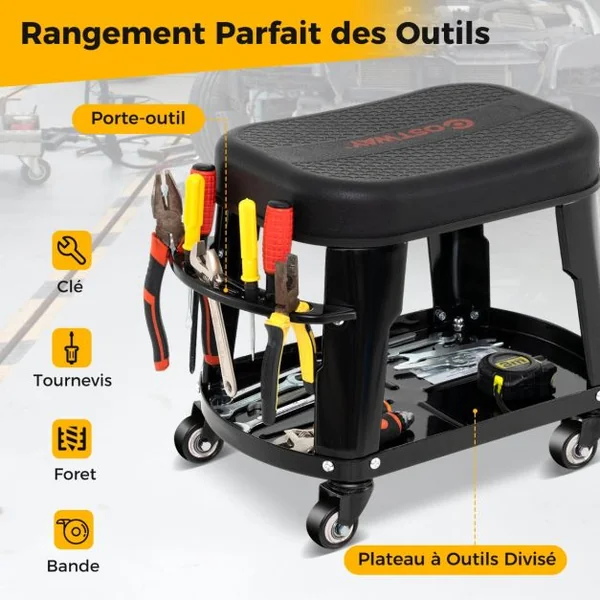Tabouret d'Atelier Roulant avec Rangement Siège de Mécanicien Amovible avec Plateau d'Equipement Porte-outils Charge 136 kg Noir