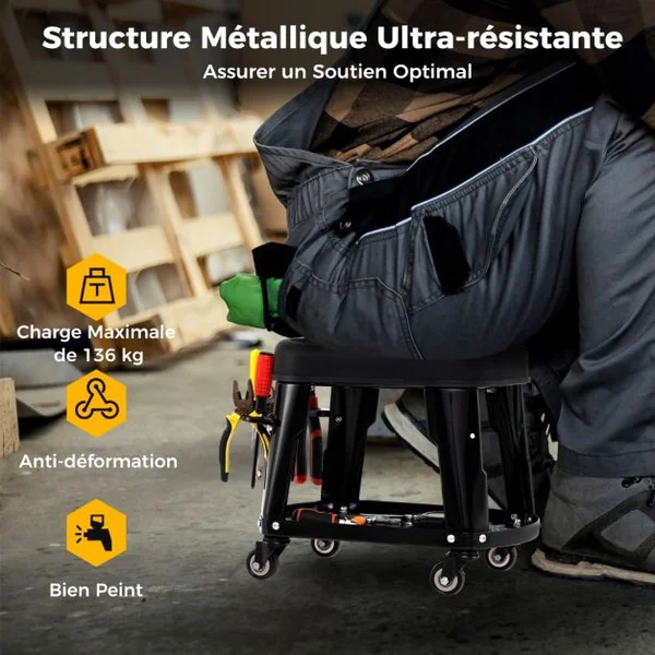 Tabouret d'Atelier Roulant avec Rangement Siège de Mécanicien Amovible avec Plateau d'Equipement Porte-outils Charge 136 kg Noir