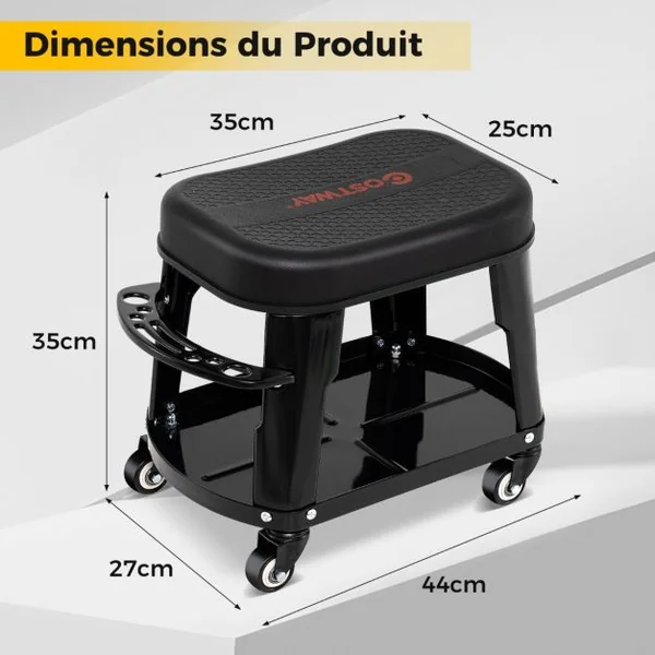 Tabouret d'Atelier Roulant avec Rangement Siège de Mécanicien Amovible avec Plateau d'Equipement Porte-outils Charge 136 kg Noir