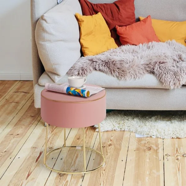 Tabouret Rond Repose-pieds en Velours Ottoman de Coiffeuse Moderne avec Base en Métal Siège Rembourré Epais Rose/Gris