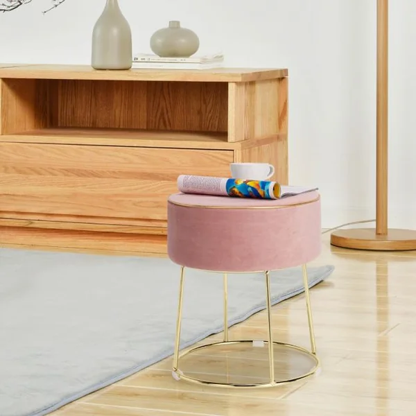 Tabouret Rond Repose-pieds en Velours Ottoman de Coiffeuse Moderne avec Base en Métal Siège Rembourré Epais Rose/Gris