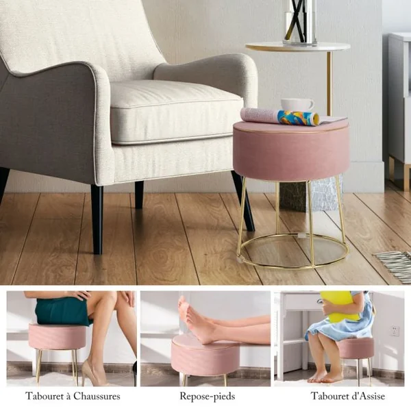 Tabouret Rond Repose-pieds en Velours Ottoman de Coiffeuse Moderne avec Base en Métal Siège Rembourré Epais Rose/Gris