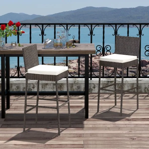 Tabourets de Bar Lot de 2 avec Coussins en Rotin Cadre en Métal Hauteur Siège 76CM pour Jardin Balcon Patio Marron